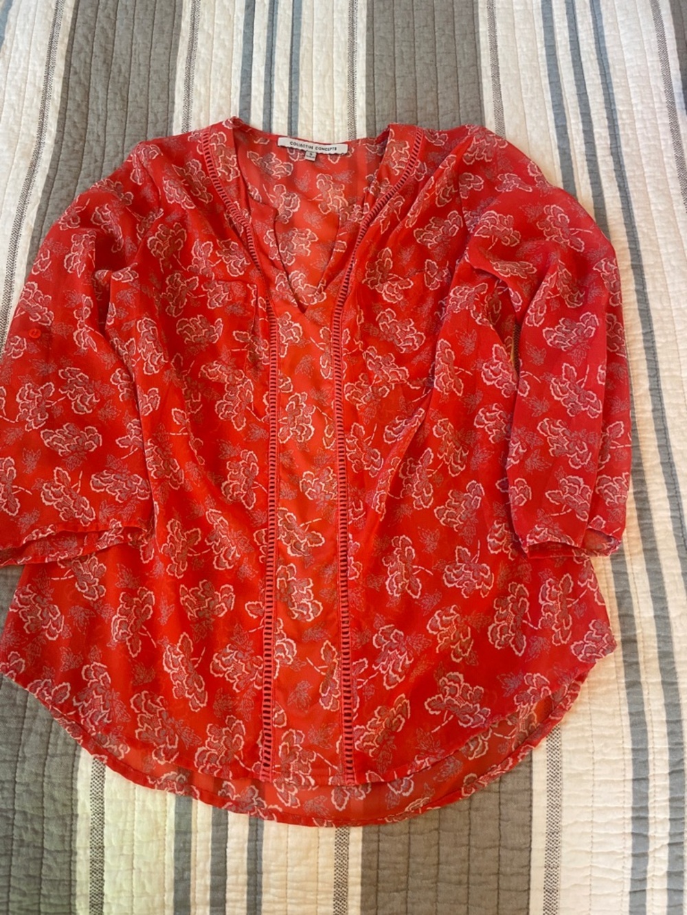 Collective Concepts Coral-Red Floral Split-Neck Blouse